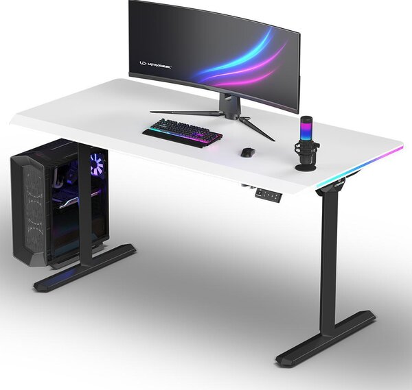 Ultradesk QUEST - Nero/Bianco - Scrivania da gaming con regolazione elettronica dell'altezza e illuminazione LED RGB prismatica, piano di 140x70 cm