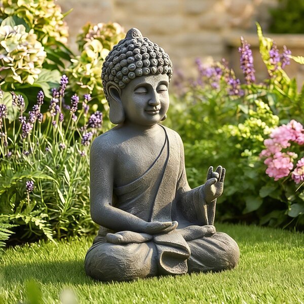 Outsunny Statua da Giardino, Scultura di Buddha Seduto in Ossido di Magnesio, Decorazione Spirituale 32 x 23 x 51 cm, Grigio Scuro | Aosom Italy