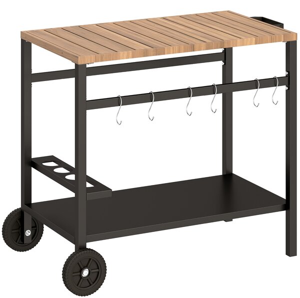 Outsunny Carrello per Barbecue a 2 Livelli Carrello Ausiliare per Barbecue Mobile con Ruote Porta Bevande Ganci Maniglia Nero e Marrone | Aosom Italy