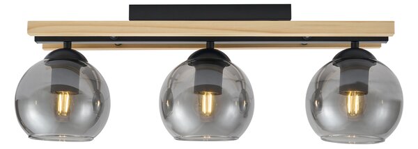 Plafoniera moderna nera con legno e vetro fumé 3 luci - Aleks
