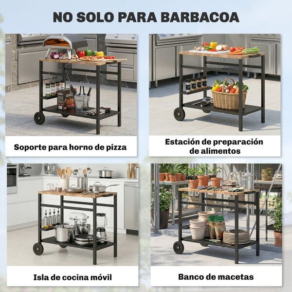 Outsunny Carrello per Barbecue a 2 Livelli Carrello Ausiliare per Barbecue Mobile con Ruote Porta Bevande Ganci Maniglia Nero e Marrone | Aosom Italy