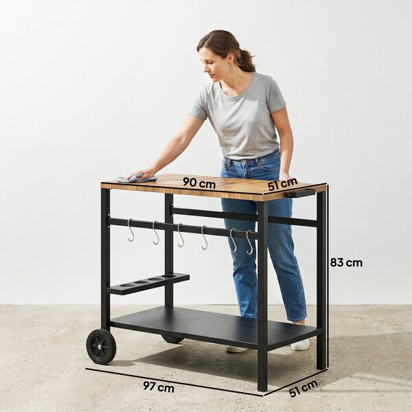 Outsunny Carrello per Barbecue a 2 Livelli Carrello Ausiliare per Barbecue Mobile con Ruote Porta Bevande Ganci Maniglia Nero e Marrone | Aosom Italy