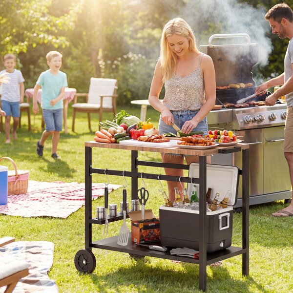 Outsunny Carrello per Barbecue a 2 Livelli Carrello Ausiliare per Barbecue Mobile con Ruote Porta Bevande Ganci Maniglia Nero e Marrone | Aosom Italy