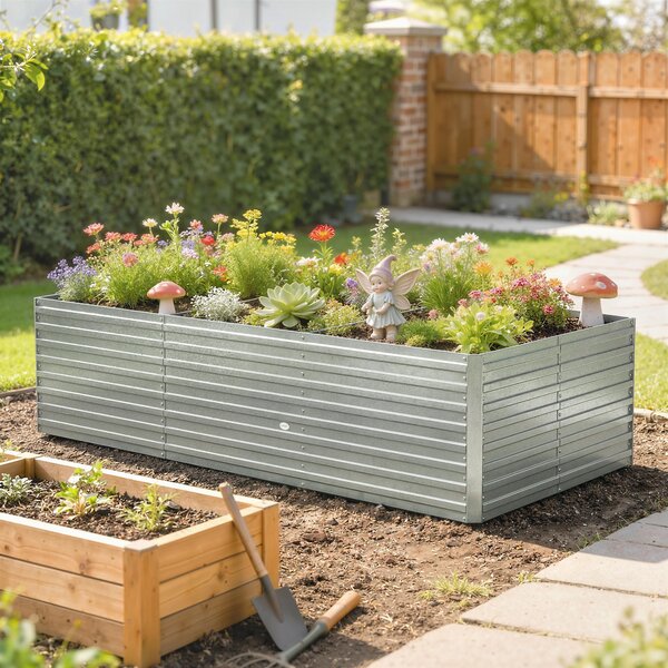 Outsunny Fioriera da esterno, fioriera rialzata galvanizzata con bordo di sicurezza e fondo aperto 240 x 120 x 60 cm grigio argentato | Aosom Italy