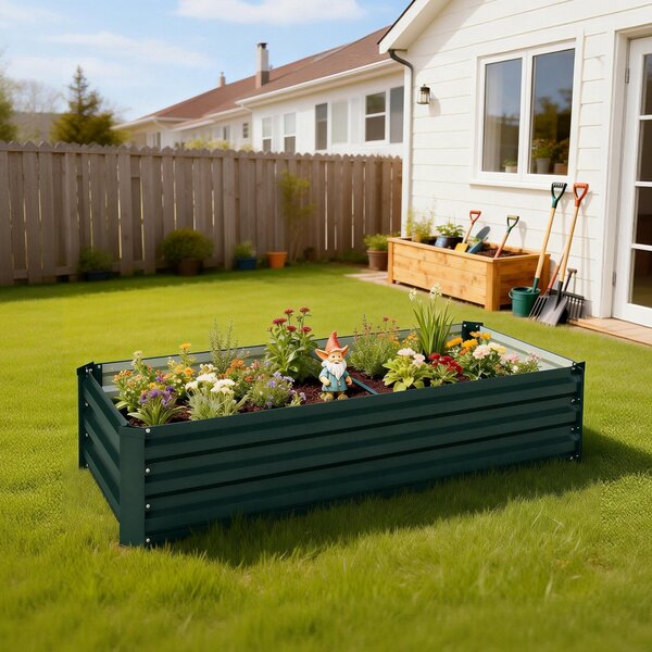 Outsunny Fioriera rettangolare orto da giardino in acciaio galvanizzato con bordo di sicurezza e fondo aperto 150x70x30cm verde | Aosom Italy