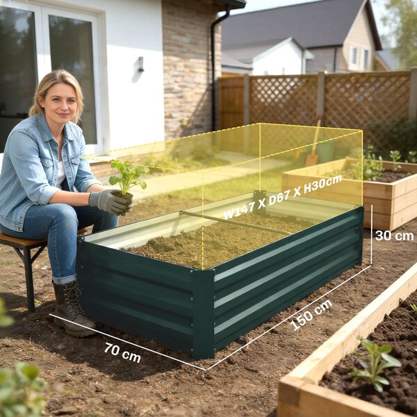 Outsunny Fioriera rettangolare orto da giardino in acciaio galvanizzato con bordo di sicurezza e fondo aperto 150x70x30cm verde | Aosom Italy