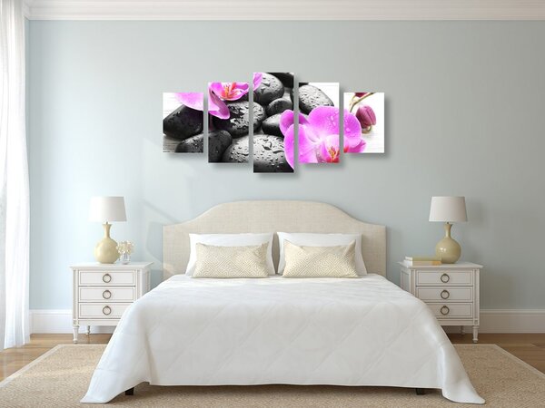 Quadri 5 pezzi – Bellissima armonia di pietre e orchidea