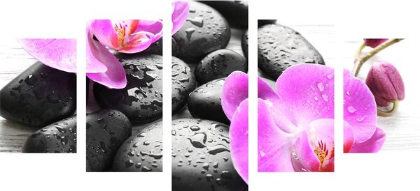 Quadri 5 pezzi – Bellissima armonia di pietre e orchidea