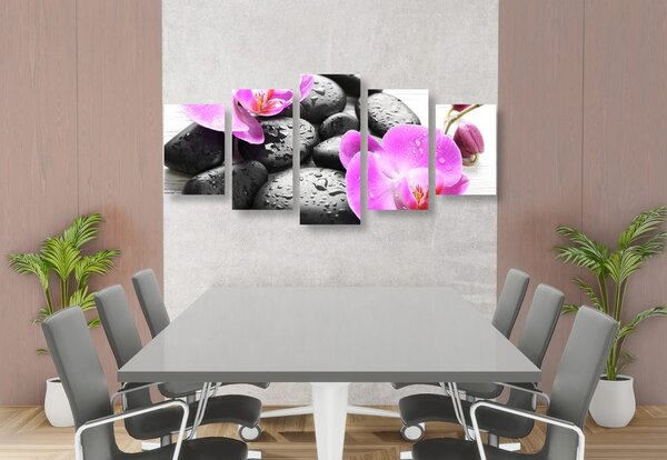 Quadri 5 pezzi – Bellissima armonia di pietre e orchidea