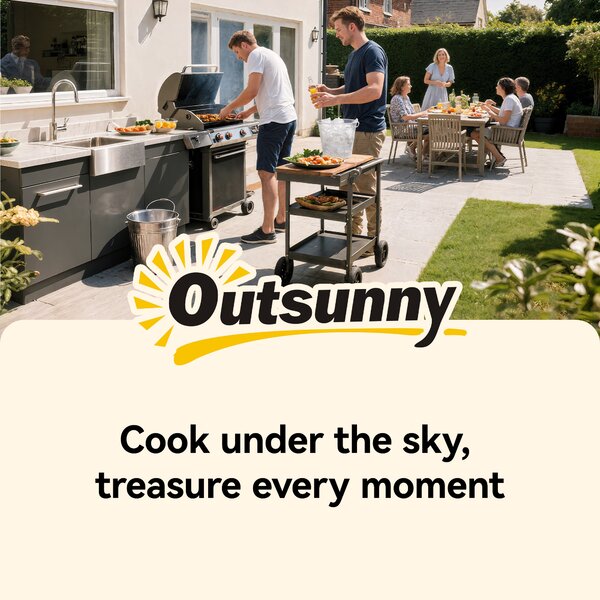 Outsunny Carrello barbecue esterno, tavolo a tre livelli con piano in acciaio, supporto per forno a pizza con ganci, portaspezie, nero | Aosom Italy