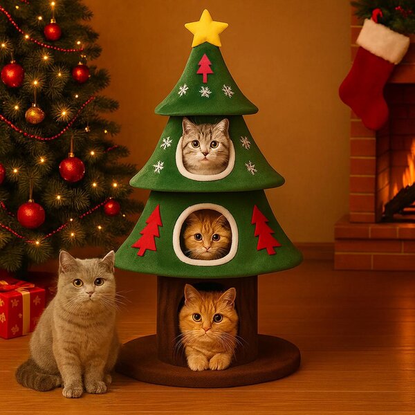Tiragraffi - CAT TREE-A - Design ad albero di Natale - 2 livelli - Legno - Colonne da graffiare e pallina - Cuccia per gatti - Verde