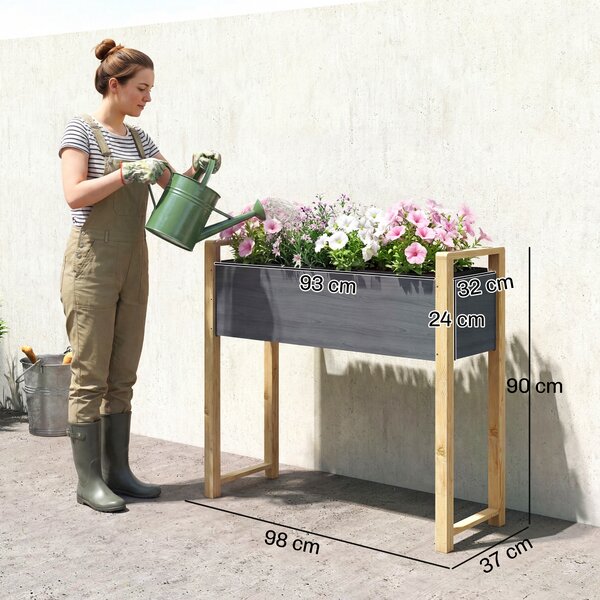 Outsunny Aiuola rialzata in legno massello, letto da piantare, serra primaverile, aiuola da giardino, fioriera per piante rampicanti e fiori 98x37x90 cm Grigio+Legno naturale | Aosom Italy