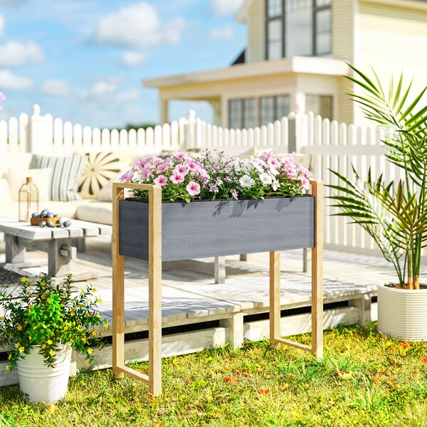 Outsunny Aiuola rialzata in legno massello, letto da piantare, serra primaverile, aiuola da giardino, fioriera per piante rampicanti e fiori 98x37x90 cm Grigio+Legno naturale | Aosom Italy