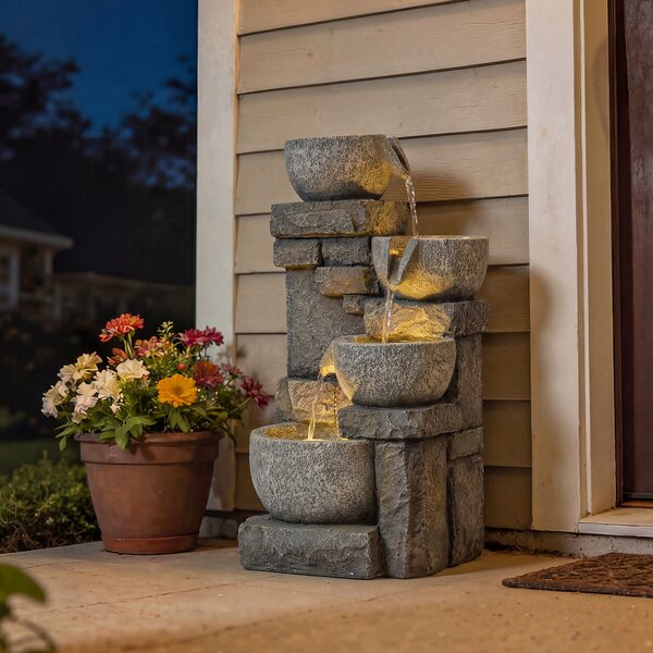 Outsunny Fontana da Giardino con Illuminazione LED Pompa Fontana Decorativa a Cascata 4 Livelli Flusso Regolabile Grigio | Aosom Italy