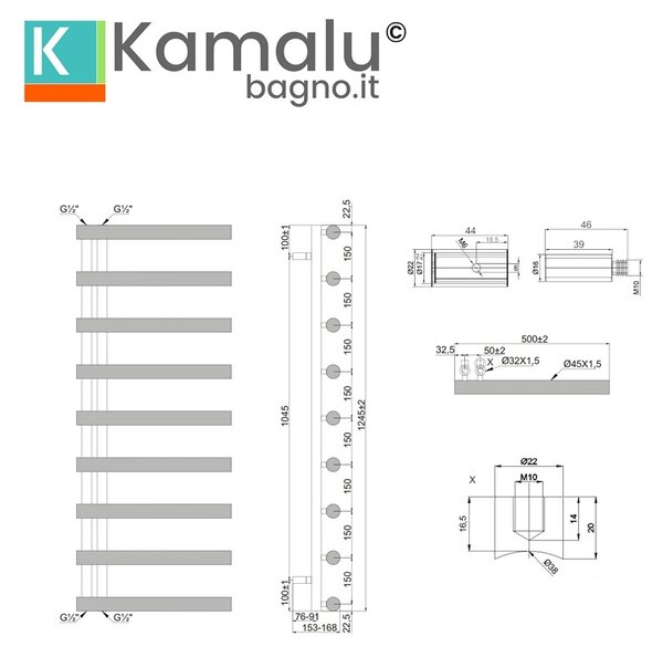 Kamalu termoarredo scaldasalviette 1245x500mm interasse 50mm kam-d2009
