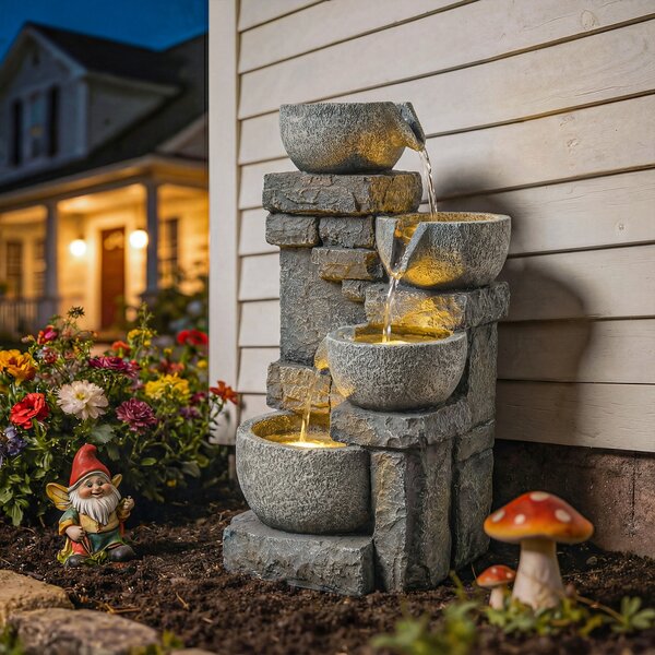 Outsunny Fontana da Giardino con Illuminazione LED Pompa Fontana Decorativa a Cascata 4 Livelli Flusso Regolabile Grigio | Aosom Italy