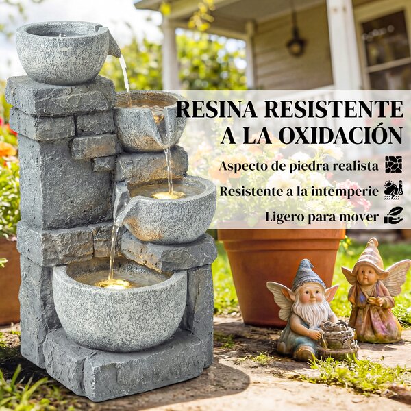 Outsunny Fontana da Giardino con Illuminazione LED Pompa Fontana Decorativa a Cascata 4 Livelli Flusso Regolabile Grigio | Aosom Italy