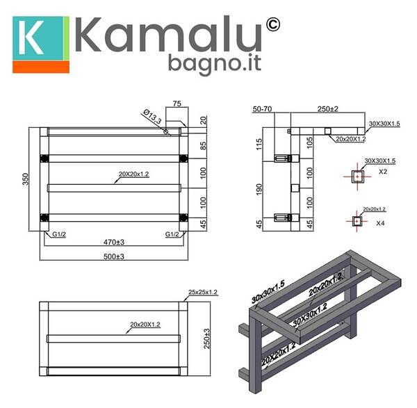 Kamalu scaldasalviette termoarredo mensola 350x500mm modello kam-d1000