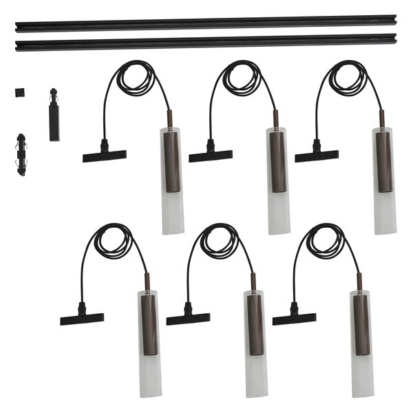 Sistema di illuminazione a binario moderno nero con 6 lampade a sospensione bronzo scuro monofase - Slimline Loyce
