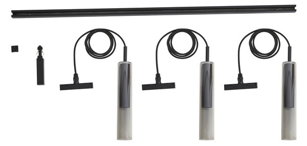 Sistema di illuminazione a binario moderno nero con 3 lampade a sospensione nere con vetro fumé 1 fase - Slimline Loyce