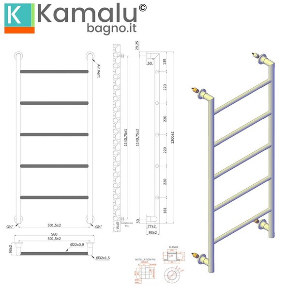 Kamalu termoarredo scalda salviette 1200x560mm colore bianco opaco kam-d6012b