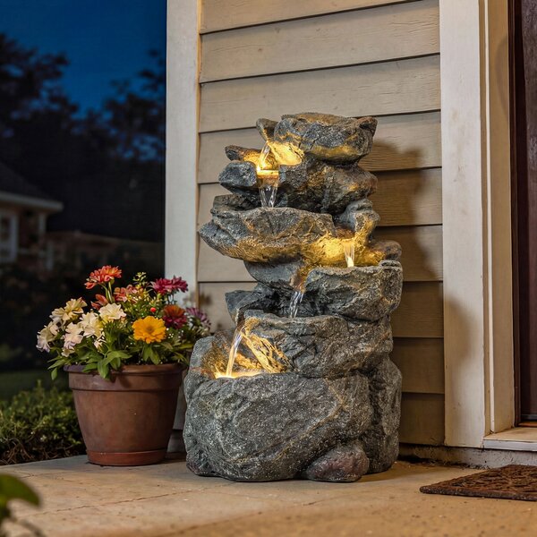 Outsunny Fontana da esterno con design roccioso a 6 livelli, cascata d'acqua con luci LED, flusso regolabile, grigio | Aosom Italy