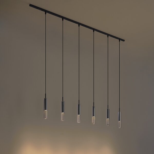Sistema di illuminazione a binario moderno nero con 6 lampade a sospensione nere con vetro fumé 1 fase - Slimline Loyce