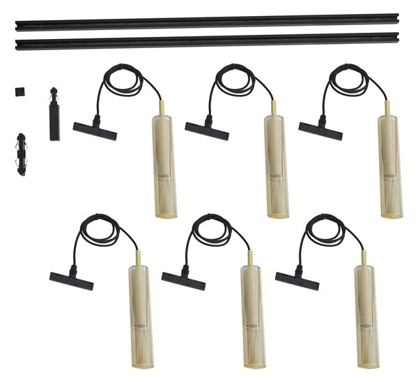 Sistema di illuminazione a binario moderno nero con 6 luci a sospensione oro con vetro ambrato monofase - Slimline Loyce
