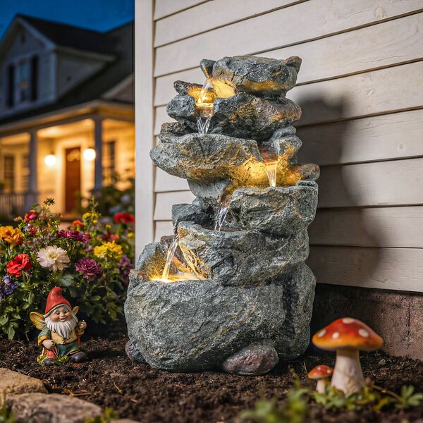 Outsunny Fontana da esterno con design roccioso a 6 livelli, cascata d'acqua con luci LED, flusso regolabile, grigio | Aosom Italy