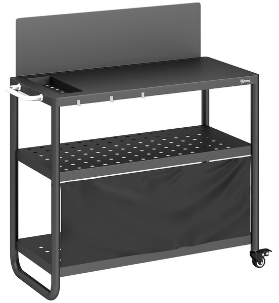 Outsunny Carrello barbecue esterno, tavolo a tre livelli con piano in acciaio, supporto per forno a pizza con ganci, portaspezie, nero | Aosom Italy