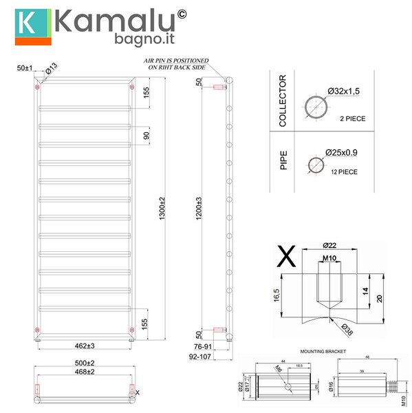 Kamalu termoarredo scalda salviette 1300x500mm colore nero opaco kam-d7013n