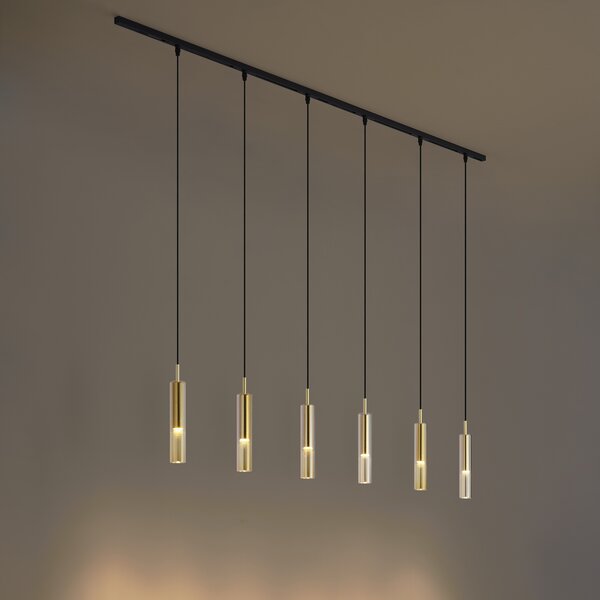 Sistema di illuminazione a binario moderno nero con 6 luci a sospensione oro con vetro ambrato monofase - Slimline Loyce