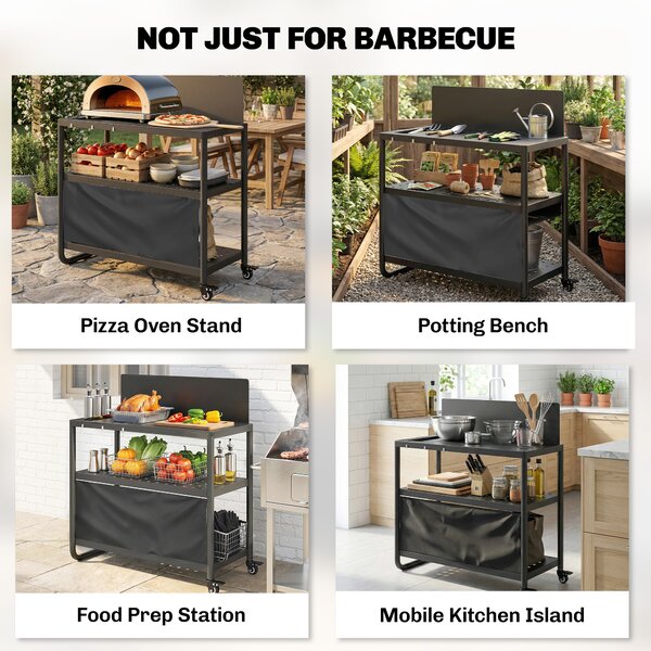 Outsunny Carrello barbecue esterno, tavolo a tre livelli con piano in acciaio, supporto per forno a pizza con ganci, portaspezie, nero | Aosom Italy