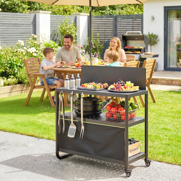 Outsunny Carrello barbecue esterno, tavolo a tre livelli con piano in acciaio, supporto per forno a pizza con ganci, portaspezie, nero | Aosom Italy