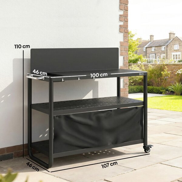 Outsunny Carrello barbecue esterno, tavolo a tre livelli con piano in acciaio, supporto per forno a pizza con ganci, portaspezie, nero | Aosom Italy