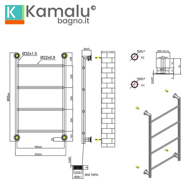 Kamalu termoarredo scaldasalviette 900x560mm colore bianco opaco kam-d6009b