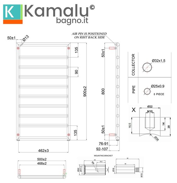Kamalu scalda salviette bagno 900x500mm cromato interasse 462 mm kam-d7009c