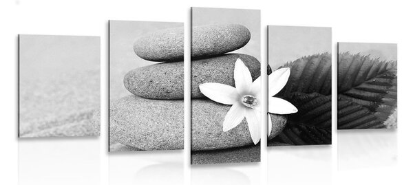 Quadri 5 pezzi – Fiore e pietre nella sabbia in bianco e nero