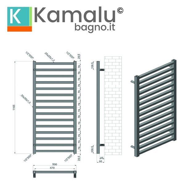 Kamalu termoarredo colore nero opaco 1000x500 mm modello kam-378n