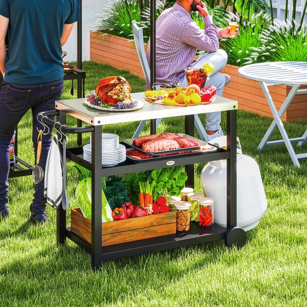 Outsunny Carrello grill 3 livelli con piano di lavoro, ripiani, ganci, ruote, acciaio inox 102x50x81cm Grigio carbone | Aosom Italy