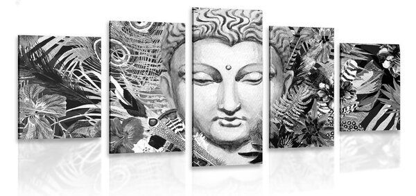 Quadri 5 pezzi – Buddha su sfondo esotico in bianco e nero