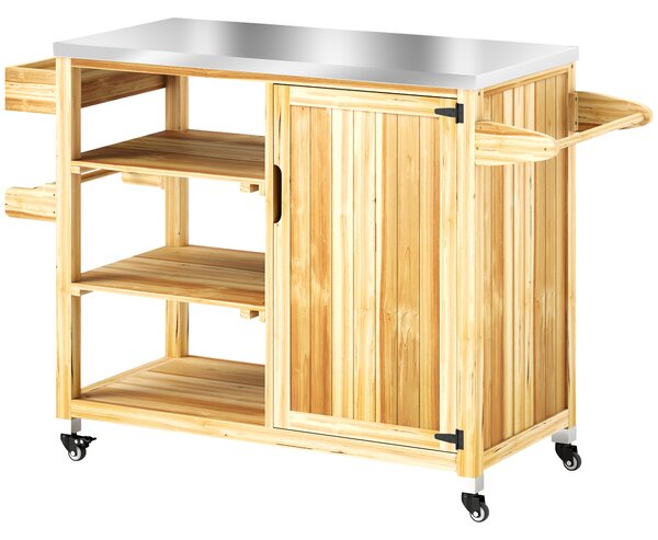 Outsunny Isola cucina outdoor, carrello barbecue con armadietto e ripiani, carrello cucina in legno e acciaio inox, con ruote, legno naturale | Aosom Italy