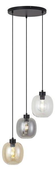 Lampada a sospensione nera con vetro ambrato, fumé e trasparente a 3 luci - Elena