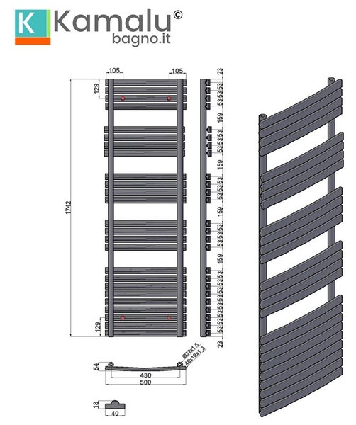 Kamalu scalda bagno termoarredo 174x50 con tubi piatti modello kam-372