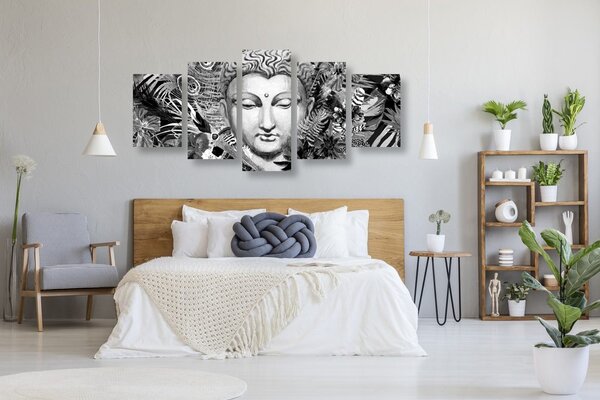 Quadri 5 pezzi – Buddha su sfondo esotico in bianco e nero