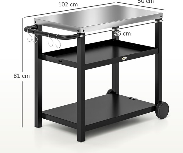 Outsunny Carrello grill 3 livelli con piano di lavoro, ripiani, ganci, ruote, acciaio inox 102x50x81cm Grigio carbone | Aosom Italy