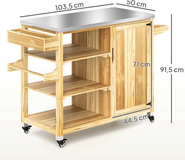 Outsunny Isola cucina outdoor, carrello barbecue con armadietto e ripiani, carrello cucina in legno e acciaio inox, con ruote, legno naturale | Aosom Italy