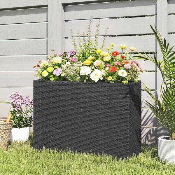 Outsunny Fioriera rialzata in resina intrecciata, supporto per fiori con vasca rimovibile e piedini regolabili, struttura in acciaio, nero | Aosom Italy