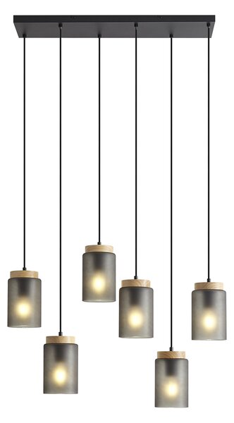 Lampada a sospensione moderna nera con legno e vetro grigio opaco a 6 luci - Umbra