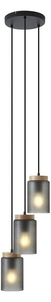 Lampada a sospensione moderna nera con legno e vetro grigio opaco a 3 luci - Umbra